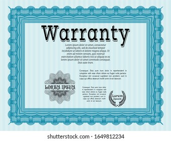 Light blue Formal Warranty Certificate template. Printer friendly. Sophisticated design. Detailed. 