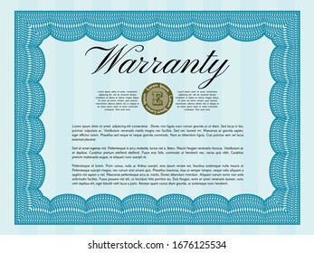 Light blue Formal Warranty Certificate template. With great quality guilloche pattern. Superior design. Customizable, Easy to edit and change colors. 