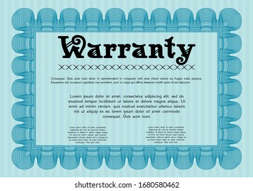 Light blue Formal Warranty Certificate template. Cordial design. Vector illustration. With great quality guilloche pattern. 