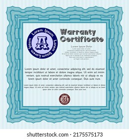 Light blue Formal Warranty Certificate template. Cordial design.  With complex background.  Customizable, Easy to edit and change colors. 