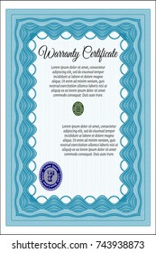 Light blue Formal Warranty Certificate template. Excellent design. Vector illustration. With guilloche pattern. 