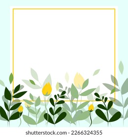 Light Blue Frame Decorated With Colorful Flowers And Foliage Arranged Harmoniously. Empty Poster Border Surrounded By Multicolored Bouquet Organized Pleasantly.