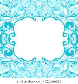Light blue frame in the Indian style in the background with paisley pattern. Vector illustration