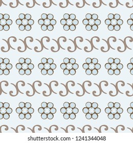 Light blue gemstone clusters and brown filigree shapes are arranged in horizontal rows in a seamless vector pattern. For special occasion invitations, printed textiles, cards and graphic design uses.