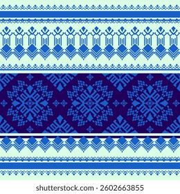 Light blue geometric graphic design on white background. Tribal abstract pattern with cross and floral details. Seamless vector christmas ornaments. Native American tribal fabric. Card, scrapbook.	