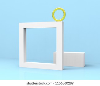 Light blue geometric scene with ring, hollow frame and cuboid