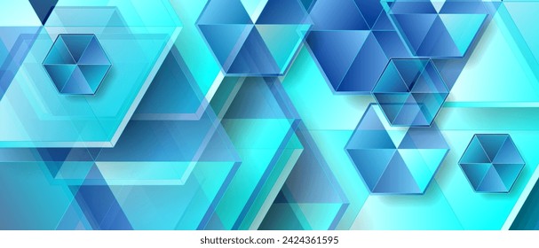 Light blue geometric tech background with glossy hexagons. Vector banner design