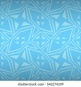 Light blue geometrical seamless pattern in kaleidoscope style. Complex puzzle repeatable backdrop.