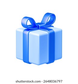Light blue gift box with blue bow ribbon isolated on white background. 3d render holiday decorations. Vector illustration. Design elements.