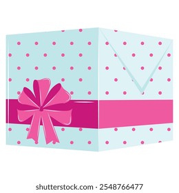 Hellblaue Geschenkbox mit rosafarbenen Tupfen und Schleife, Vektor