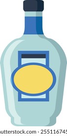 Light blue glass bottle containing liquor, featuring a generic yellow and blue label and sealed with a dark blue cap, presented against a white backdrop