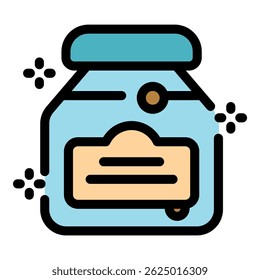 Light blue glass jar with blank label, sparkles, and sealed lid, ideal for preserving freshness