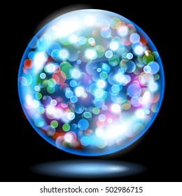 Light blue glass sphere filled with multicolored glowing sparkles with bokeh effect. Used only on dark background.