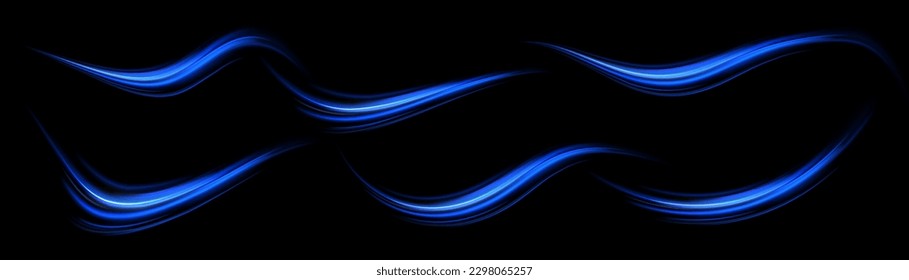 Light blue glowing effect. Glowing white speed lines. Abstract traffic lines on the road. Light trail wave, fire path trace line, car headlights, optical fiber and filament curve swirl png.