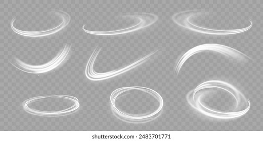 Light blue glowing effect. Glowing white speed lines. Abstract traffic lines on the road. Light dust trail wave, fire path trace line, car headlights, optical fiber and filament curve swirl png.