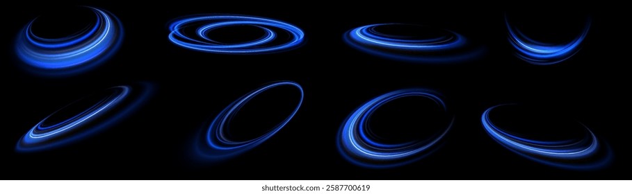 Light blue glowing effect. Glowing white speed lines. Abstract traffic lines on the road. Light trail wave, fire path trace line, car headlights, optical fiber and filament curve swirl png.