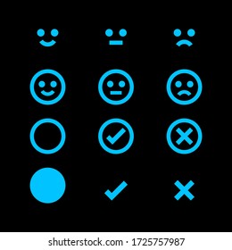 light blue glowing icon and emotions face, emotional symbol and approval check sign, fluorescent emotions faces and checkmark x or confirm and deny, button glowing flat for apps, icons check mark