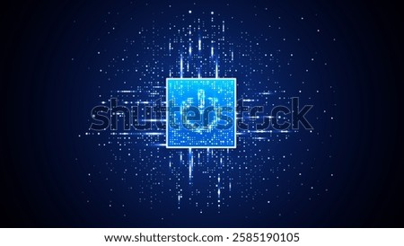 Light blue glowing ON power button on bright semiconductor. Data flow light elements on circuit board. Technology background. AI tech bg. Artificial Intelligence concept. Digital vector illustration.