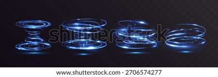 Light blue glowing vortex spirals with sparkling particles and dynamic motion, forming futuristic swirling energy rings on a dark transparent background, perfect for sci-fi, speed, and tech design.