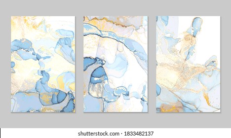 Light blue and gold marble abstract backgrounds in alcohol ink technique. Set of vector stone textures. Modern paint with glitter. Template for banner, poster design. Fluid art painting