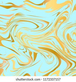 Light blue and gold marble texture background. Liquid effect backdrop. Imitations of hand drawn acrylic painting. Marbling surface vector illustration. Easy to edit template for your design projects.