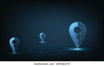 Light Blue GPS Pin Composed Of Polygon.Traveling Digital Concept.Location Pin Low Poly Design, Vector Illustration On Dark Blue Background.