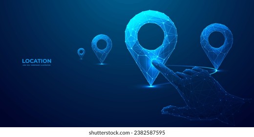 Light blue GPS pin and human hand. Digital finger touching on abstract location pin mark on technology background. Low poly wireframe vector illustration in futuristic technology hologram style.