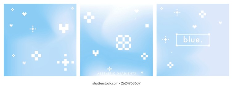 Fundo de gradiente azul claro com elementos de pixel simples e divertidos. Textura de vetor borrado azul abstrato. Padrão geométrico inspirado no Y2k. Conjunto de 3 gradiente de vetor quadrado bg para poster, post de mídia social