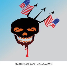 light blue gradient background with a skull and America flag element
