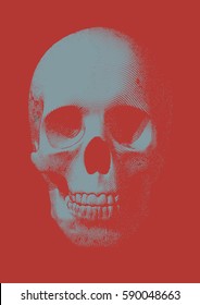 Light blue gray engraving skull  front view vector illustration on vermillion red background