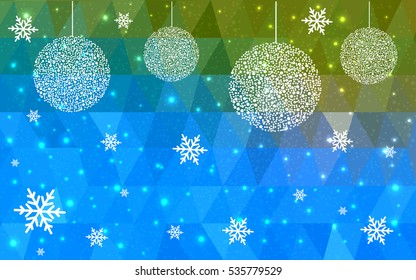 Light Blue Green christmas postcard low polygon background. Vector illustration consisting of triangles. Abstract triangular polygonal origami or crystal design of New Year celebration.