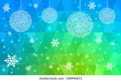 Light Blue Green christmas postcard low polygon background. Vector illustration consisting of triangles. Abstract triangular polygonal origami or crystal design of New Year celebration.