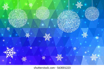 Light Blue, green christmas vector  postcard low polygon background. Illustration consisting of triangles. Abstract triangular polygonal origami or crystal design of New Year celebration.