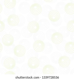 Light blue and light green concentric circles with dotted outline. Seamless geometric pattern on white background. Vector image