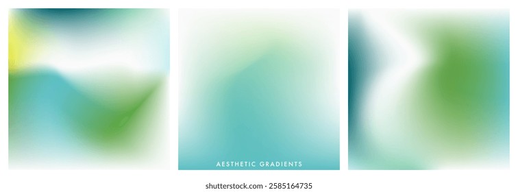 Light blue and green gradient background. Abstract light fresh sky texture. Relax. Wave gradation pattern. Aesthetic bg. Set of 3 square vector gradient background for poster, cover, social post