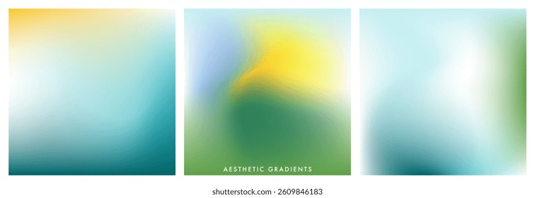 Light blue and green pastel color gradient background. Abstract spring season blurry vector texture. Nature gradation pattern. Aesthetic bg. Vector soft square backdrop set for poster, cover, header
