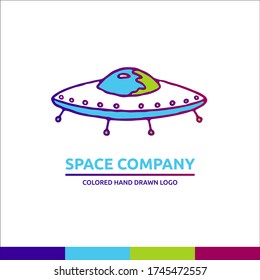 Ilustración vectorial de universos azul y verde claro con logotipo de nave espacial de placa cósmica