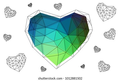 Light Blue, Green vector abstract glitter heart shape on white background in love concept for valentine's day with sweet and romantic moment. Polygonal design for your business.