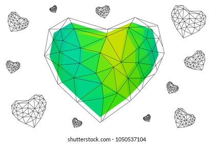 Light Blue, Green vector abstract Triangle Geometrical Heart on white polygonal background. Happy Valentine's Day Greeting Card. Stock template for your design.