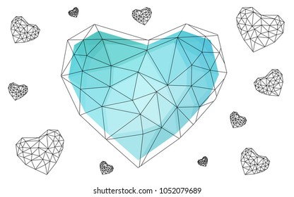 Light Blue, Green vector abstract Triangle Geometrical Heart on white polygonal background. Happy Valentine's Day Greeting Card. Stock template for your design.