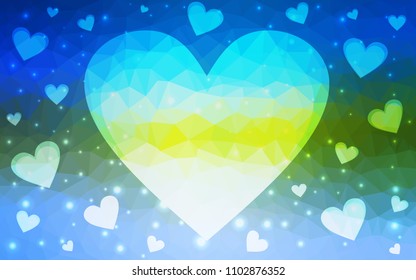Light Blue, Green vector abstract Triangle Geometrical Heart on white polygonal background. Happy Valentine's Day Greeting Card. Stock template for your design.