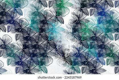 Hellblauer, grüner, abstrakter Hintergrund mit Blumen. Abstrakte Illustration mit Blumen im Doodles-Stil. Elegantes Muster für Ihr Markenbuch.