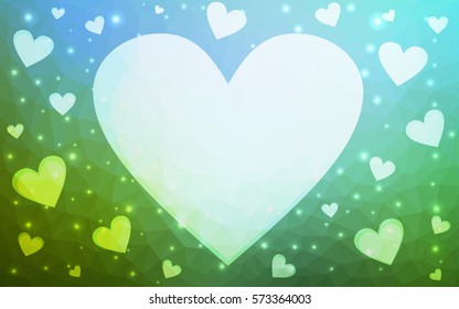 Light Blue, Green vector abstract Triangle Geometrical Heart on white polygonal background. Happy Valentine's Day Greeting Card. Stock template for your design.