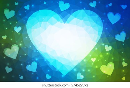 Light Blue, Green vector abstract Triangle Geometrical Heart on white polygonal background. Happy Valentine's Day Greeting Card. Stock template for your design.
