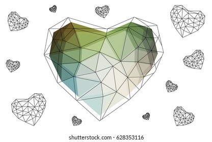 Light Blue, Green vector abstract Triangle Geometrical Heart on white polygonal background. Happy Valentine's Day Greeting Card. Stock template for your design.