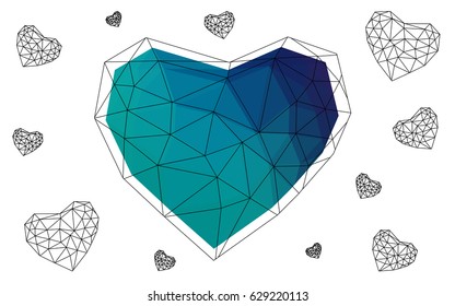 Light Blue, Green vector abstract Triangle Geometrical Heart on white polygonal background. Happy Valentine's Day Greeting Card. Stock template for your design.