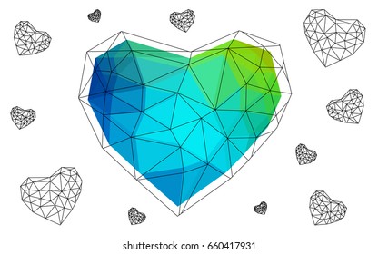 Light Blue, Green vector abstract Triangle Geometrical Heart on white polygonal background. Happy Valentine's Day Greeting Card. Stock template for your design.