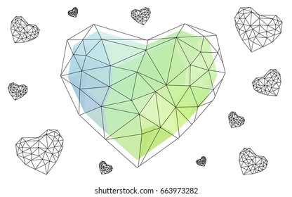 Light Blue, Green vector abstract glitter heart shape on white background in love concept for valentine's day with sweet and romantic moment. Polygonal design for your business.