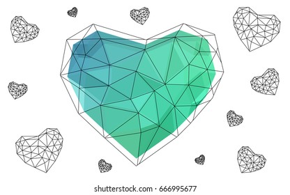 Light Blue, Green vector abstract glitter heart shape on white background in love concept for valentine's day with sweet and romantic moment. Polygonal design for your business.