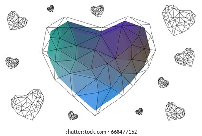 Light Blue, Green vector abstract Triangle Geometrical Heart on white polygonal background. Happy Valentine's Day Greeting Card. Stock template for your design.